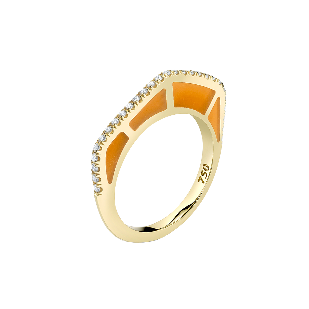 Cobra Ring with Orange Enamel and Diamond Pave