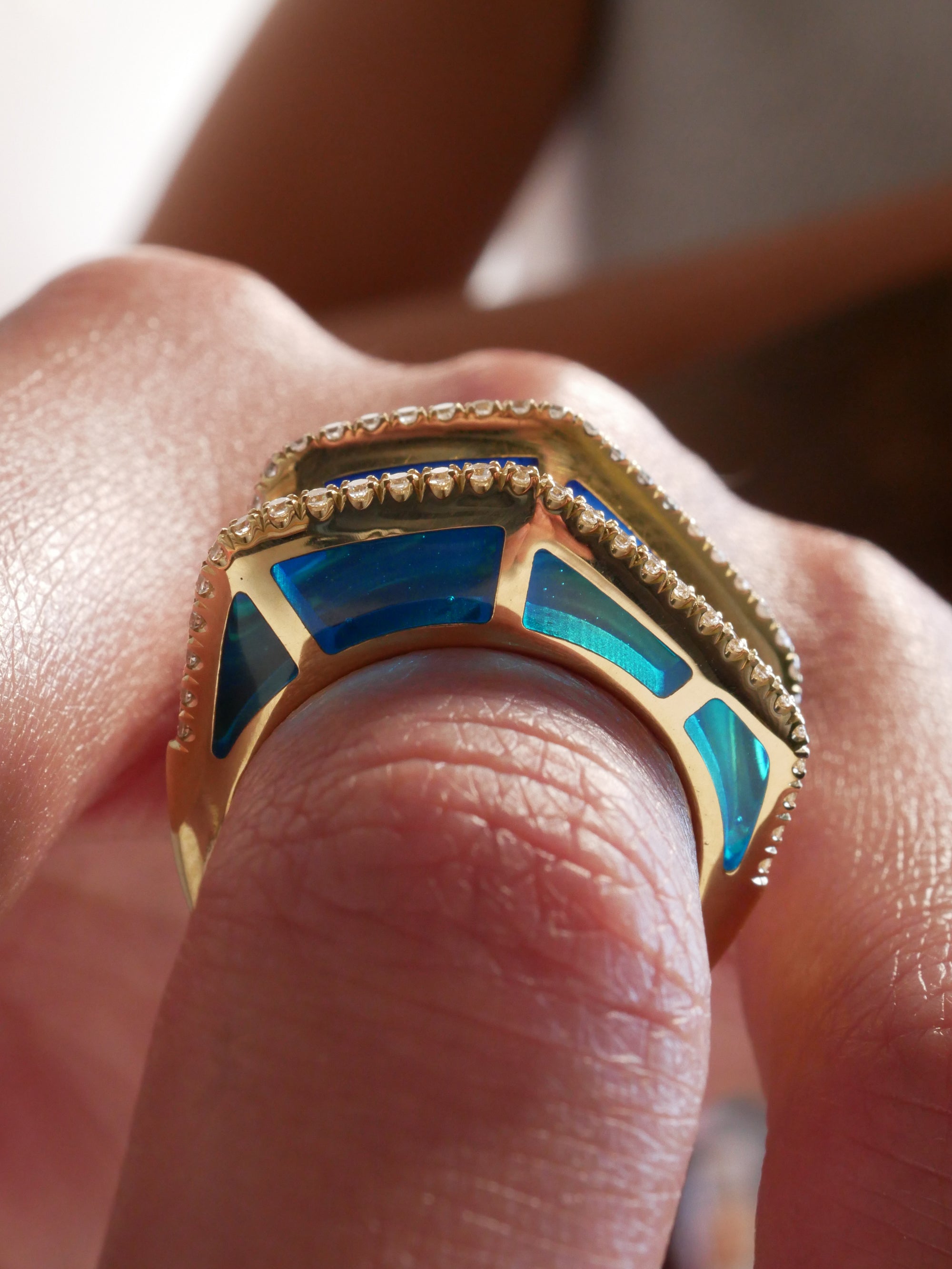 Raffle entry; Cobra Ring with Light Blue Enamel and Diamond Pave