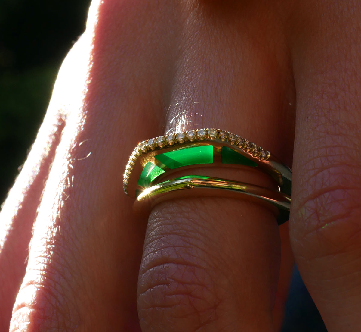 Cobra Ring with Green Enamel and Diamond Pave