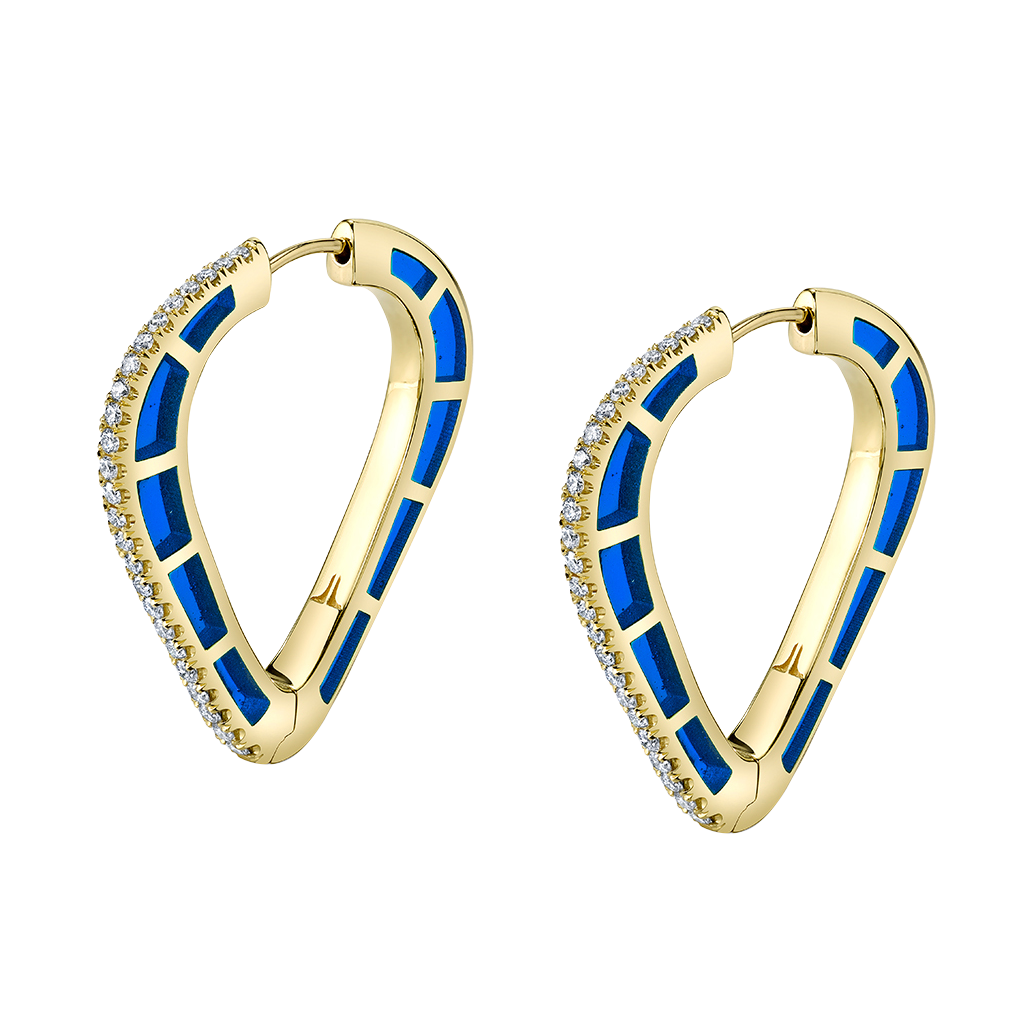 Cobra Hoop Earrings with Blue Enamel and Diamond Pave