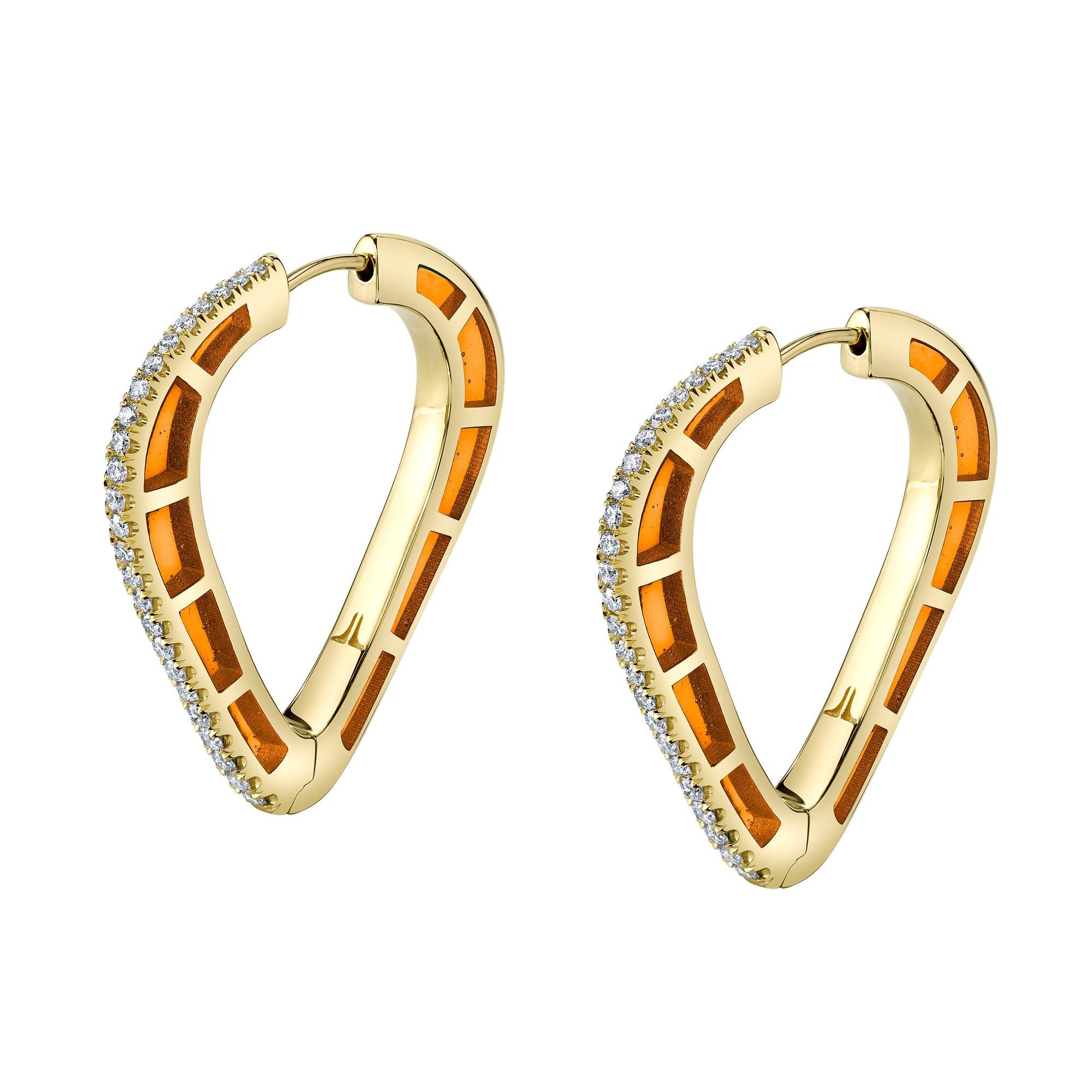 Cobra Hoop Earrings with Orange Enamel and Diamond Pave