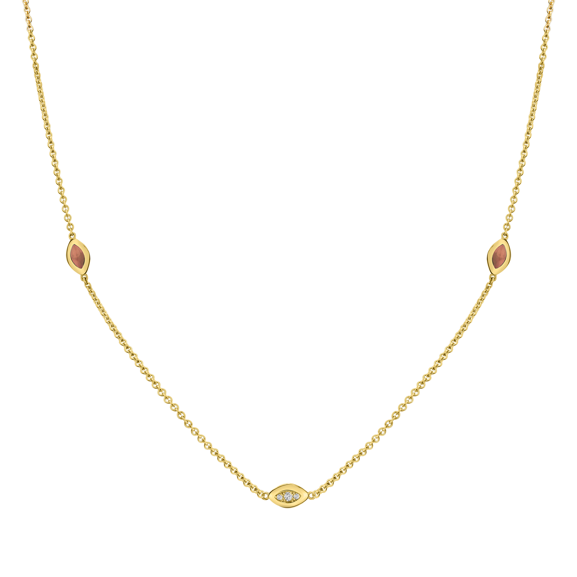 Three Link Italian Gold Necklace with Cognac Enamel and Diamond Pave