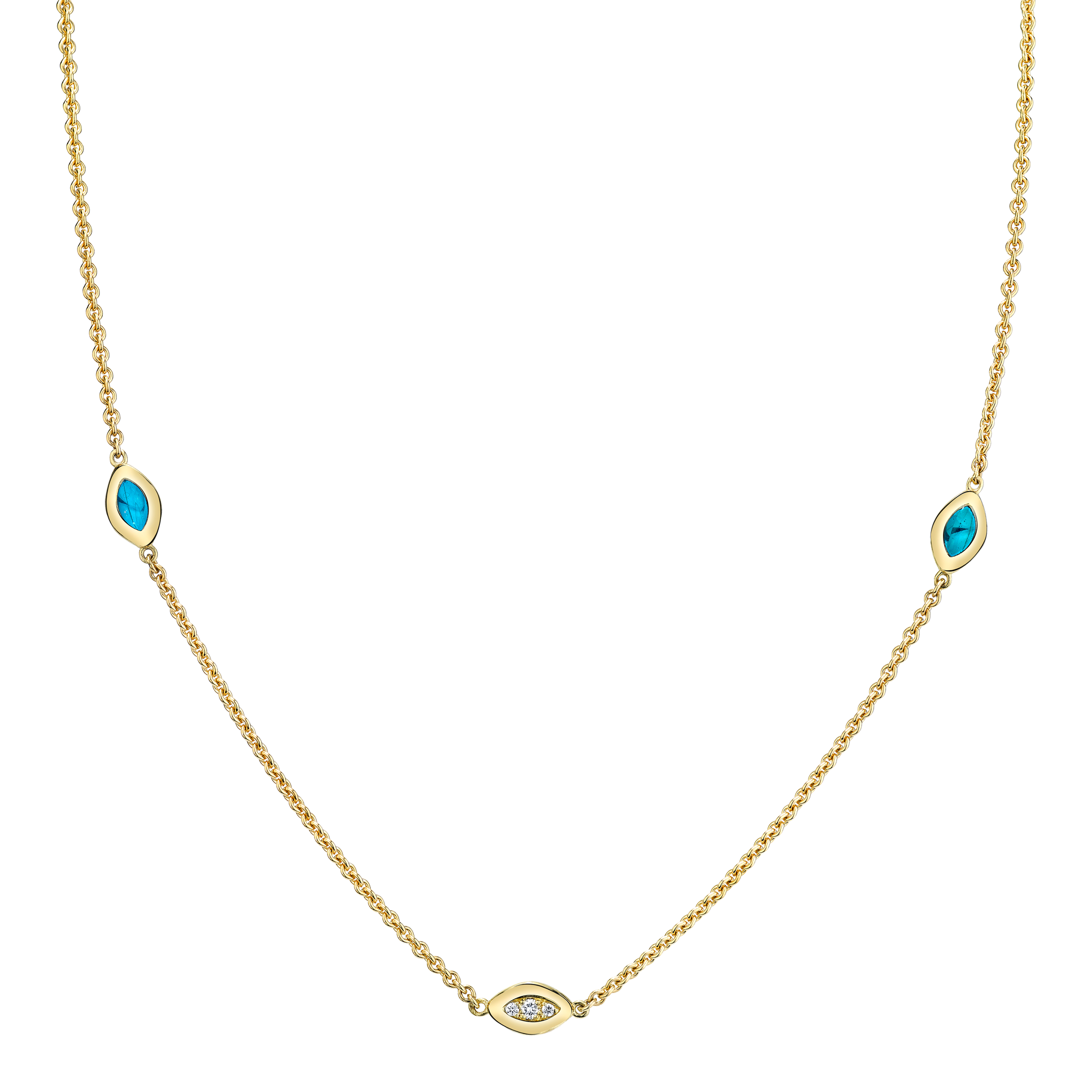 Three Link Italian Gold Necklace with Light Blue Enamel and Diamond Pave