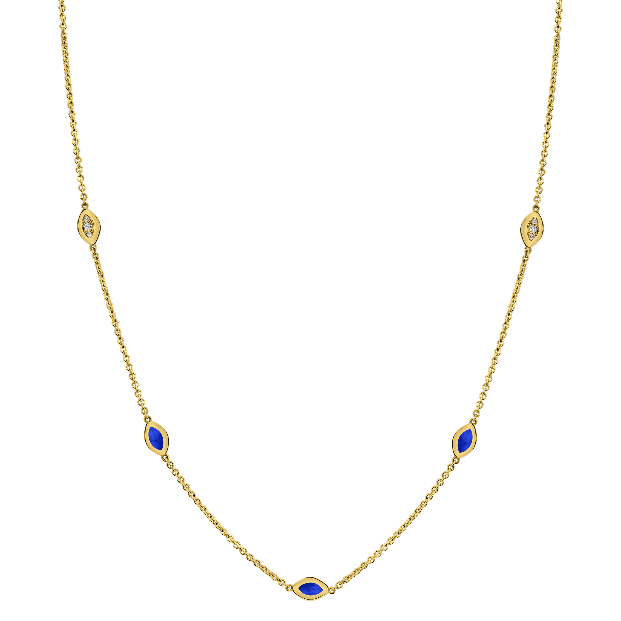 Five Link Italian Gold Necklace with Blue Enamel and Diamond Pave