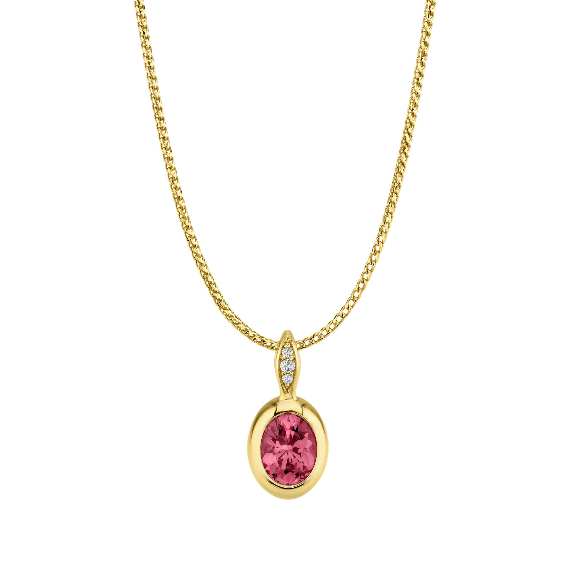 Modern Oval Necklace Featuring Precision-cut Pink Garnet with Diamond Pave