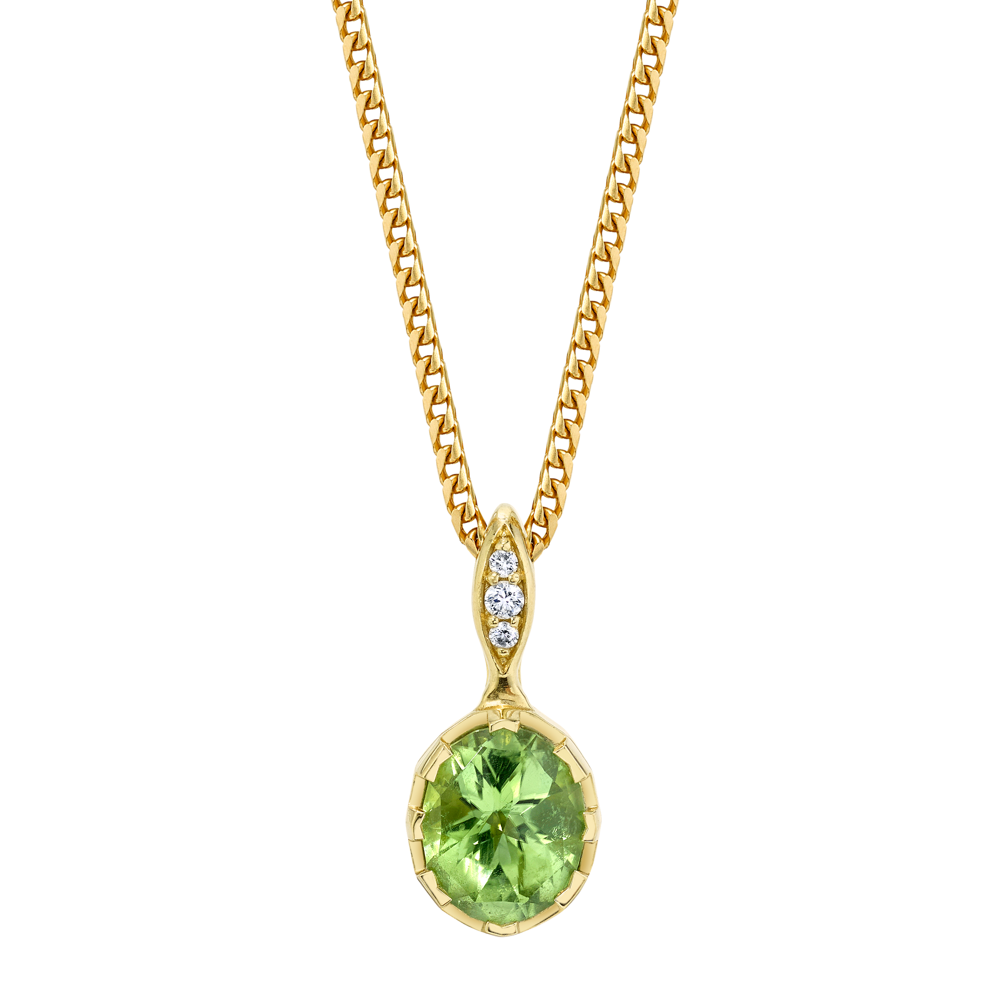 Modern Oval Necklace featuring a Precision-Cut Green Tourmaline with Diamond Pave